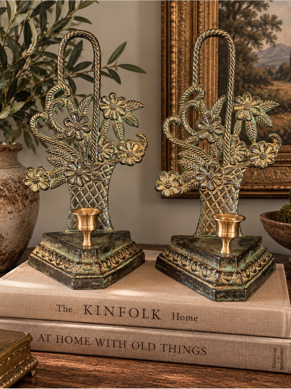 Vintage RARE Brass Floral Cast Iron Candlestick Pair